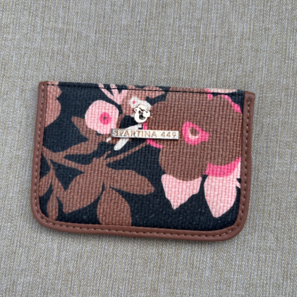 Spartina 449 Black & Pink Floral Card Holder Wallet Natural Linen and Leather